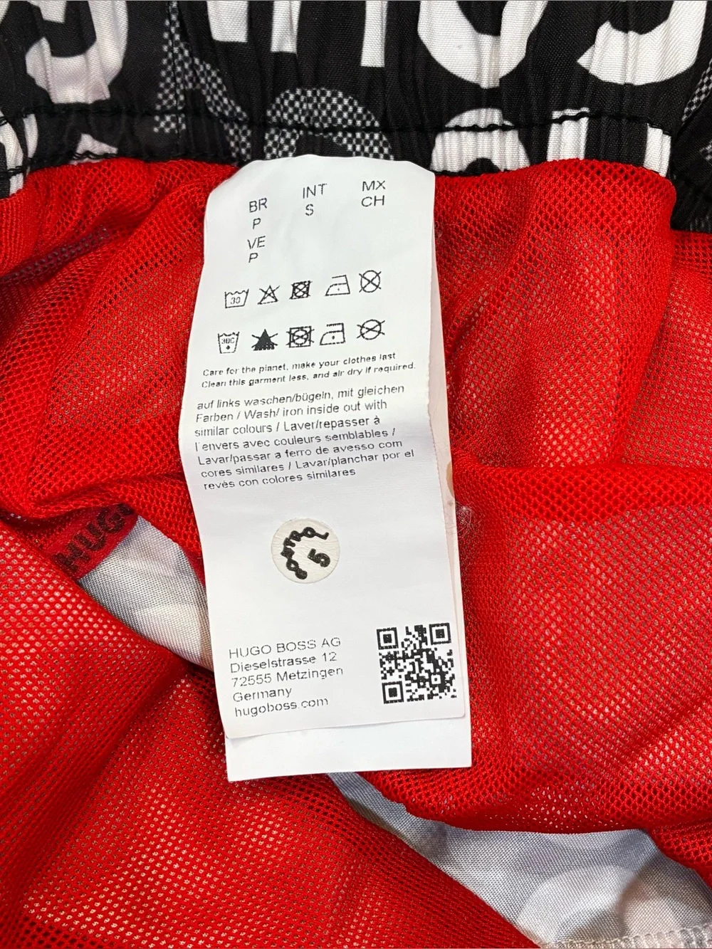 HUGO Boss Mens Swim Trunks Fame Allover Logo Print Board Shorts Black Red S